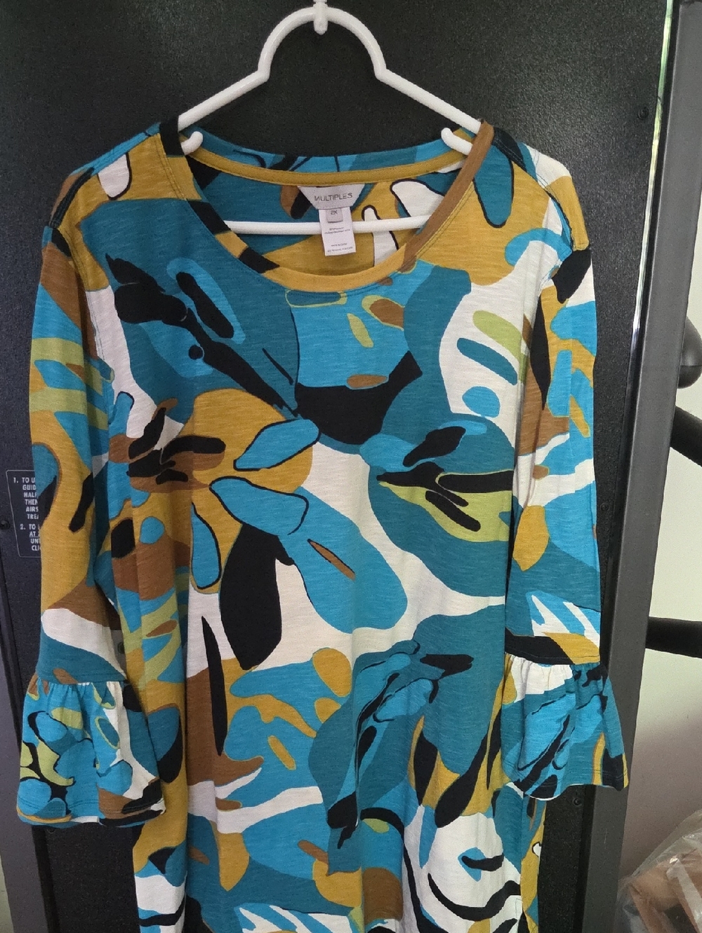 Multiples Teal Blue Mustard Floral Ruffle-Sleeve Tunic
